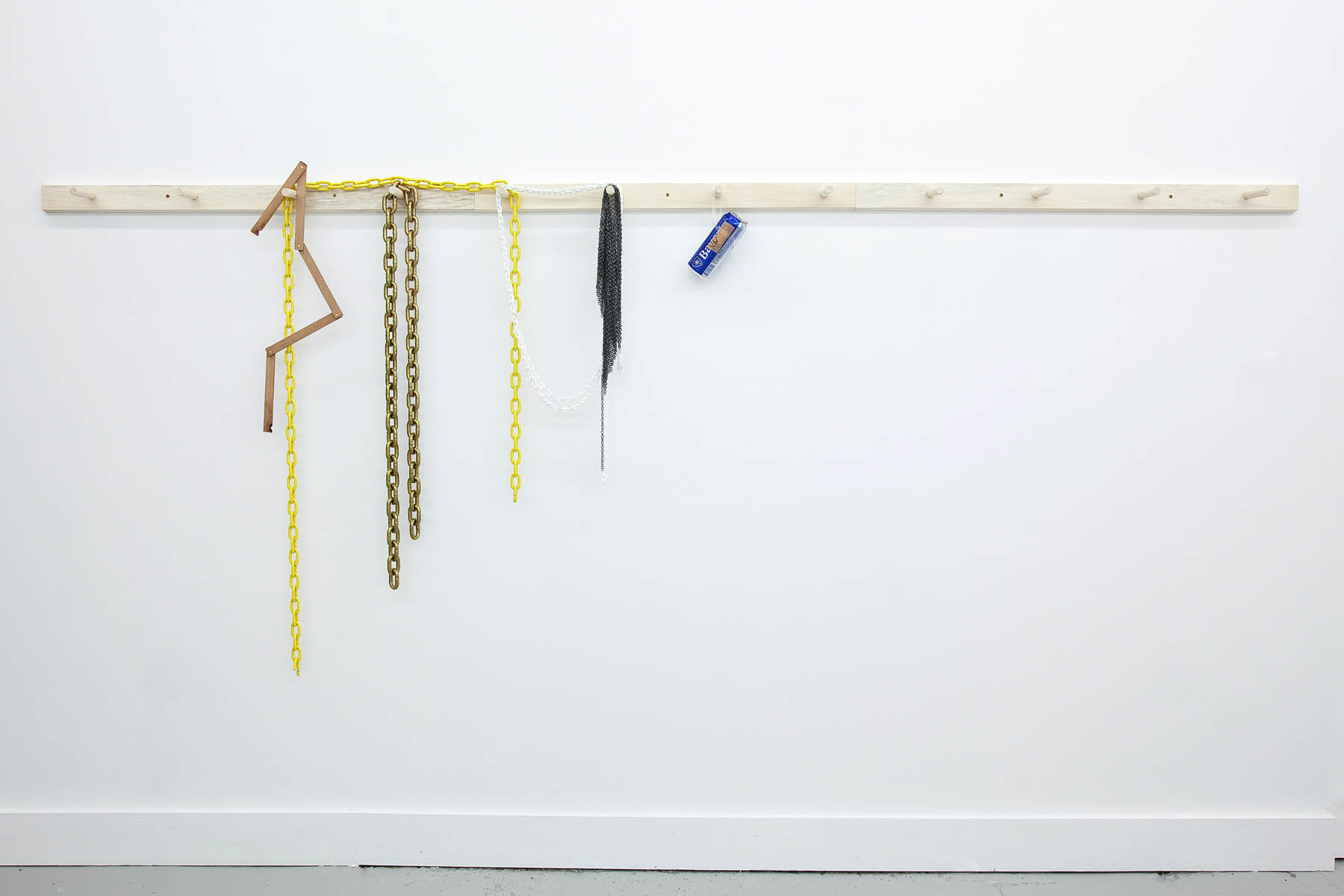 , 2012, Wood peg rail, wooden meter, metal chains, bear can modified, 120 x 366 x 16 cm, , unique artwork, installation view at G Gallery, Toronto
