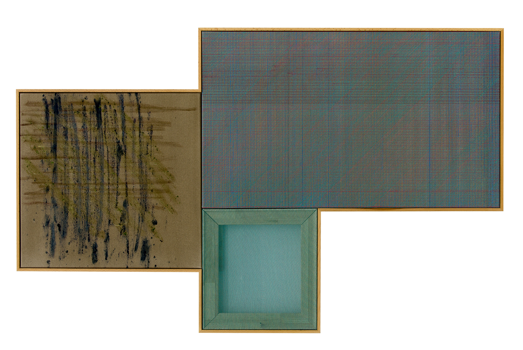, 2015, Atonal Geometry [Cross-Rhythms], RGB grid on Grey (oil markers over cement paste on canvas)  Grey noise_RGB (layered tulle nettings) Random grid on Grey (R/beetroot, G/Nicotiana Alata, 100 x 160 cm, , unique artwork