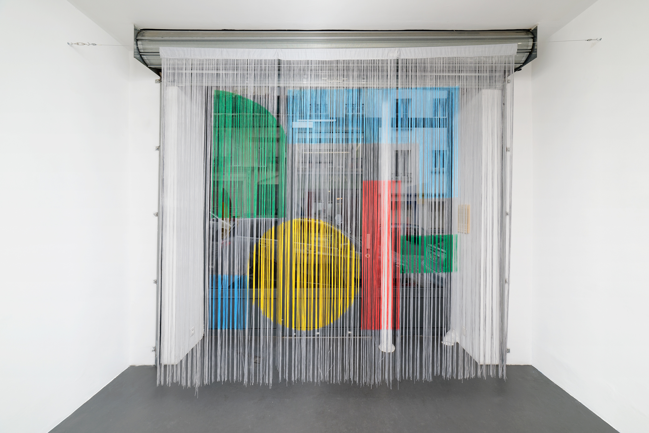 , 2017, Hand-painted thread curtain, textile paints, 245 x 270 cm (3 x 245 x 90 cm), , unique artwork, Photo: Aurélien Mole, Collection FRAC Limousin, Limoges, France